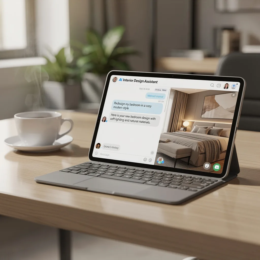 Deqor AI chat interface - type natural language to transform any room, get photorealistic design results in seconds