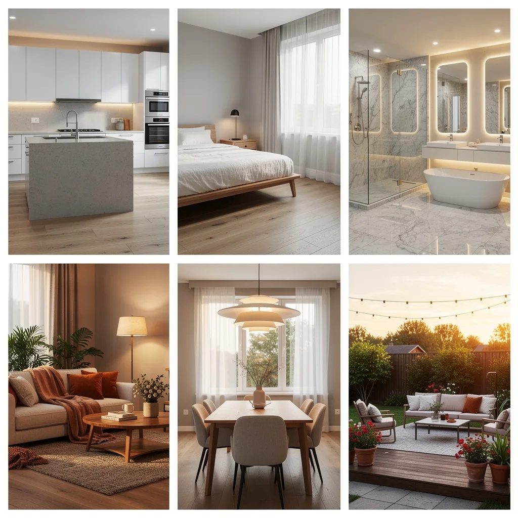 Grid showing multiple room transformation types - 228+ AI design use cases by Deqor AI