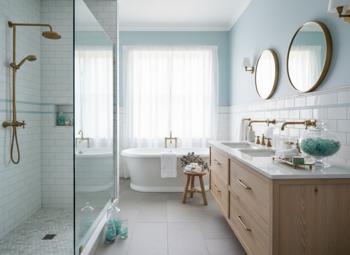 Coastal spa bathroom AI design concept generated by Deqor AI for interior designer client pitch