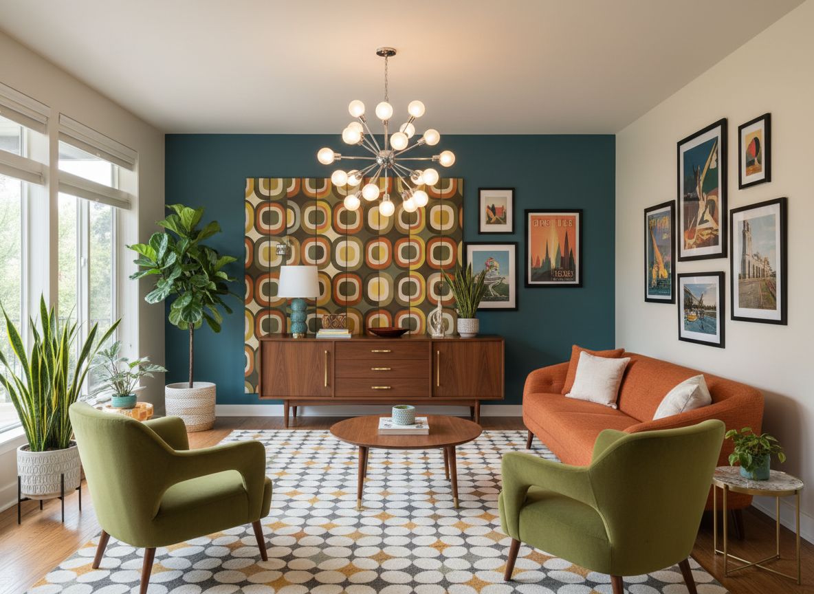 Mid-century modern living room AI design concept by Deqor AI for client presentation