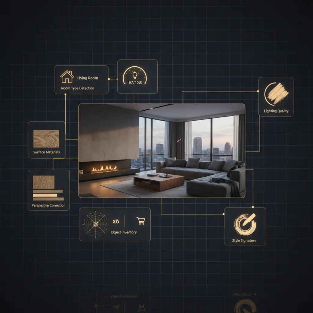 Deqor AI Smart Upload detection interface scanning room elements with glowing analysis overlay