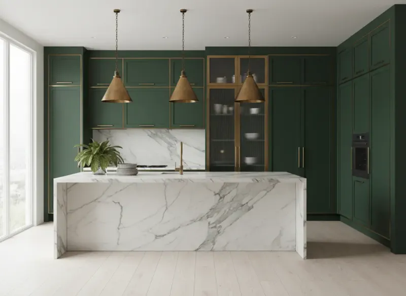 Stunning forest green contemporary kitchen design concept created with Deqor AI visualization tool