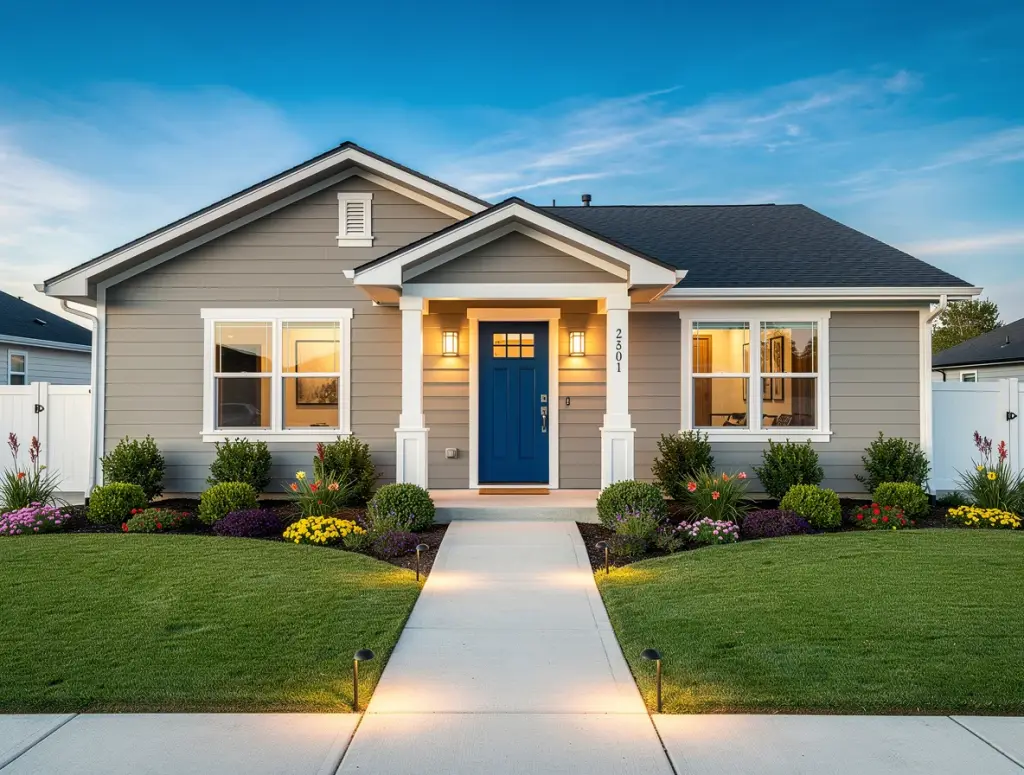 Exterior photo after Deqor AI sky replacement showing vibrant blue sky and enhanced curb appeal